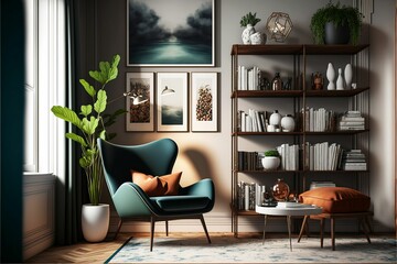 AI-generated illustration of a stylish interior design of a living room.
