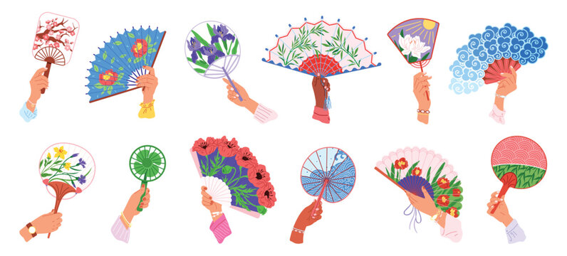 Hand fan icons. Collection of handheld icons isolated. Chinese and Japanese handheld fans. Icons of folding and rigid fans. Vector illustration. Paper folding hand fans, asian decoration held painting