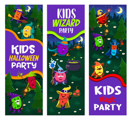 Kids Halloween party. Cartoon mineral and micronutrient wizards Se, Fe, Cl and Zn, P, Na, K, Ca, Zn or Cu with Mn funny food supplement capsules in night magic forest. Vector vertical banners or cards - obrazy, fototapety, plakaty