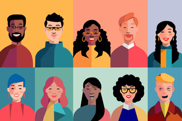 Retrato de medio cuerpo de personas de diferentes razas. Vector de personas diferentes con colores llamativos. Set de iconos de personas.