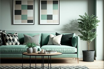 AI generated illustration of a cozy lounge room with a comfortable sofa and a house plant