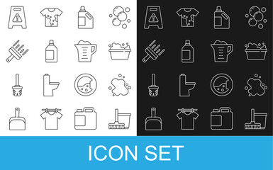 Set line Mop and bucket, Water spill, Basin with soap suds, Bottle for cleaning agent, Rubber cleaner windows, Wet floor and Washing powder icon. Vector