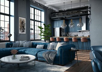 AI generated illustration of the lounge room of a big house with modern interior design