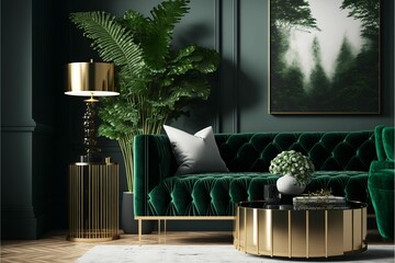 AI generated illustration of the interior of the lounge room with an elegant green sofa and plants