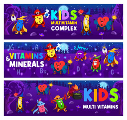 Cartoon vitamin and micronutrient wizards, mages and sorcerers. Vector horizontal banners with funny capsules for healthy living. K, C, B6 and E, N, H, B5 and P food supplement Halloween personages - obrazy, fototapety, plakaty