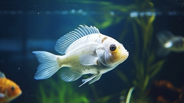 Cichlid white fish in aquarium. Freshwater fish, Generative Ai