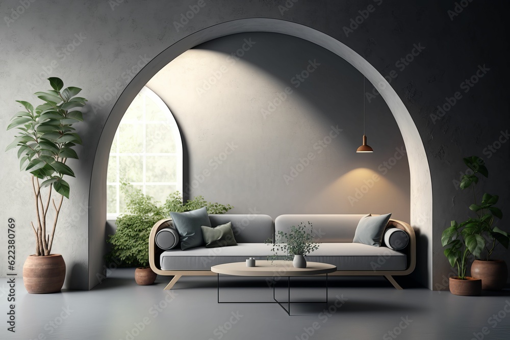 Wall mural AI generated illustration of a grey living room in contemporary style with round arch and plants