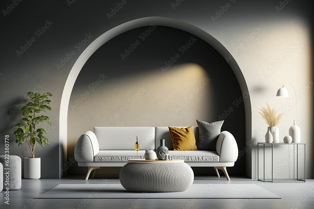 Poster AI generated illustration of a grey living room in contemporary style with round arch and plants