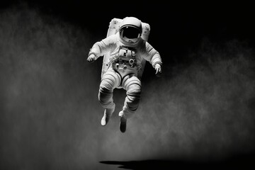 Fototapeta na wymiar AI generated illustration of a greyscale of an astronaut in a spacesuit in pitch darkness