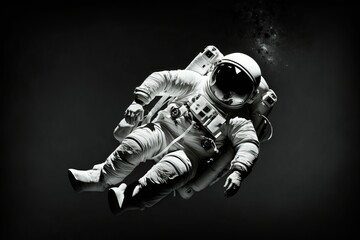 Obraz na płótnie Canvas AI generated illustration of a greyscale of an astronaut in a spacesuit in pitch darkness