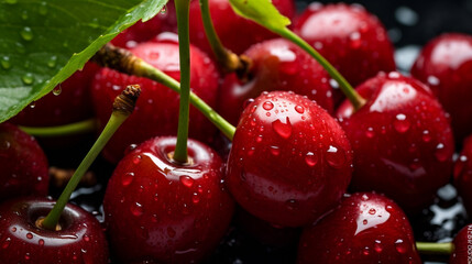 Close up of fresh cherry berries with water drops in summer, Generative Ai