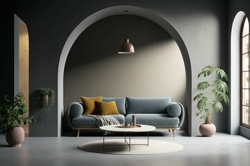 AI generated illustration of a grey living room in contemporary style with round arch and plants