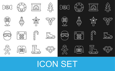 Set line Pretzel, Figure skates, Branch viburnum, Interior fireplace, Christmas ball, Snowflake, Candy and star icon. Vector