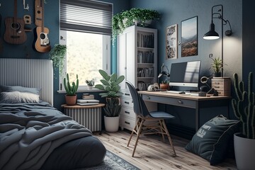 AI generated illustration of bedroom with bed and computer table