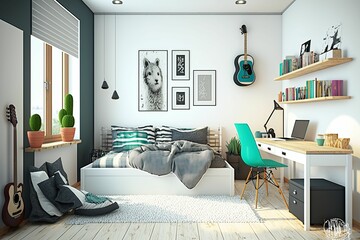 AI generated illustration of a cool hip bedroom interior design with furniture and tech