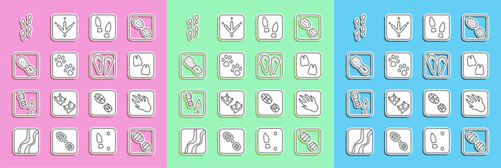 Set line Human footprints shoes, Alligator crocodile, Camel paw, Paw, and Rabbit and hare icon. Vector