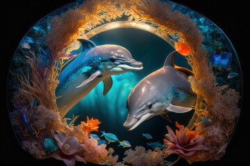 Fototapeta na wymiar AI generated illustration of two dolphins surrounded by underwater plants and fish