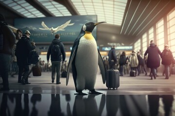 Obraz premium AI generated illustration of a penguin with luggage waiting at train station