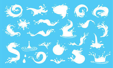 Set realistic milk splashes of various shape with drops isolated. River splashes, waves, spray, milk spill, dripping drops. Natural dairy products, yogurt or cream. White blots, milky swirls. Package