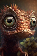 Fototapeta premium AI generated illustration of a sad chameleon baby looking to the side