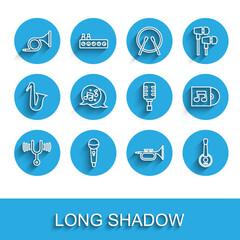 Set line Musical tuning fork, Microphone, Trumpet, Banjo, note, tone, Vinyl disk and icon. Vector