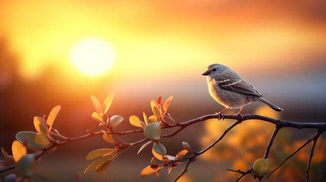 free bird enjoying nature on sunset background, hope concept . soft focus picture, Generative Ai