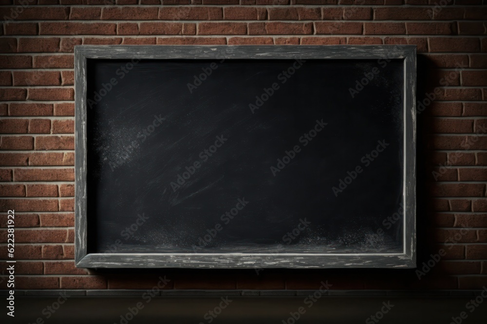 Wall mural AI generated illustration of a black chalkboard on a rustic brick wall, space for copy