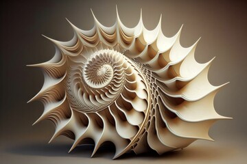 AI generated illustration of An abstract sculpture of a spiral shell-shaped object