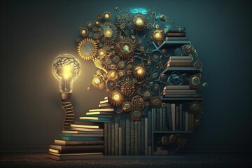 A bookshelf with a light bulb illuminating the top of the pile, implying ideas, knowledge