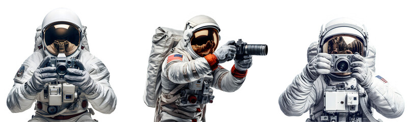 Collection astronaut photographer with a camera takes a photo, isolated on a transparent background, set space man, generated ai