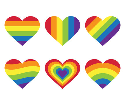 Rainbow heart shape icon. Symbol of LGBT community, sexual minorities, gays and lesbians. Set of six vector icons. Heart open to universal love, friendship and tolerance. Gay pride symbol.