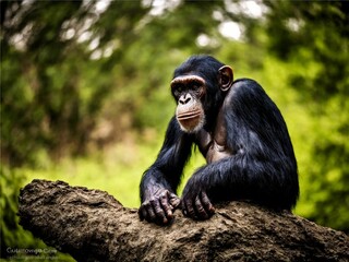 AI generated illustration of A chimpanzee perched atop a tree branch.