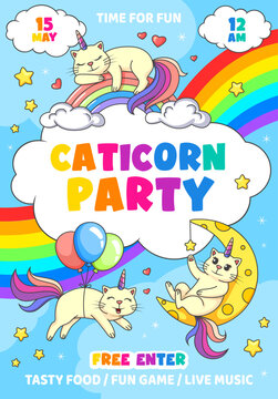 Kids party flyer with cartoon funny caticorn cats on rainbow, entertainment event vector poster. Kindergarten or birthday party invitation flyer with fairy kitten unicorns or caticorns with balloons