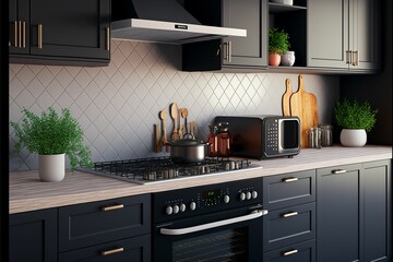 AI generated illustration of a modern kitchen with black cabinetry and black appliances