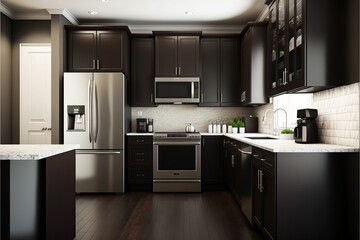 AI generated illustration of a modern kitchen with black cabinets and stainless steel appliances.