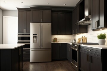 AI generated illustration of a kitchen with black cabinets and white marble countertop.