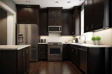 AI generated illustration of a modern kitchen with dark colored cabinets and a stainless steel stove