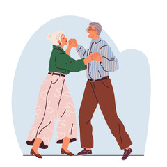 Old couple dance. Vector illustration. Happy old man and woman dancing with joy. Cute lovely senior couple of woman and man dancing. Active elderly females and males moving to music