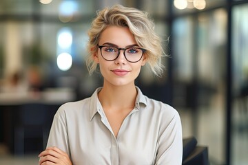 Fototapeta premium A short blonde hair businesswoman with glasses, standing confident and professional in the office, created with Generative Ai Technology