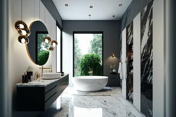 AI generated illustration of a bathroom with a spacious bathtub and black and white marble floors