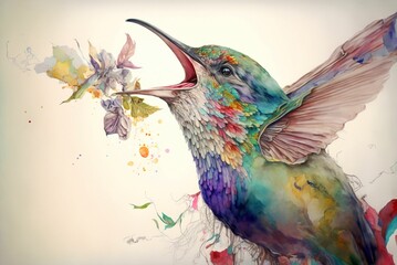 AI generated illustration of a colorful hummingbird with flowers in background