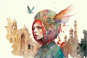 A watercolor artwork of a woman with a floral handkerchief on her head with a bird in the air - AI