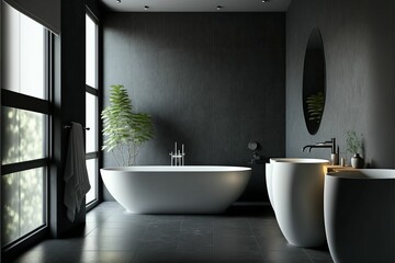 Fototapeta na wymiar AI generated illustration of A contemporary bathroom with a white bathtub and two white sinks