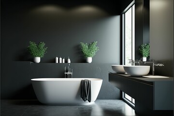 Naklejka na ściany i meble AI generated illustration of a modern bathroom with a white and black color scheme