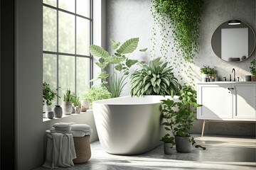 AI generated illustration of an elegant bathroom featuring a bathtub, potted plants, a large window