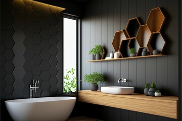 AI generated illustration of a contemporary bathroom features black walls, wooden shelves.