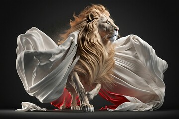 Obraz na płótnie Canvas A Devine Lion moving having a silk clothe on the back