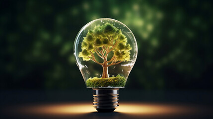 Light bulb with green tree inside with energy resources icon. Electricity and energy saving concept. Sustainable development, ecology and environment protect, Earth day, Generative Ai