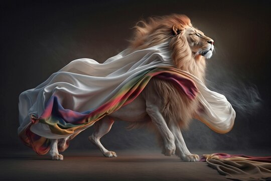 A Devine Lion moving having a silk clothe on the back