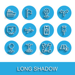 Set line Push pin, Location with person, Ship line path, World globe compass, Toll road traffic sign, Plane, and City map navigation icon. Vector